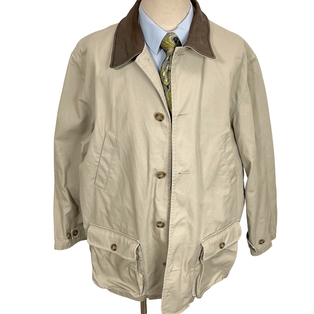 Lands End Jacket Mens XL 46-48 Beige Field Leather Barn Coat Cotton Canvas VTG